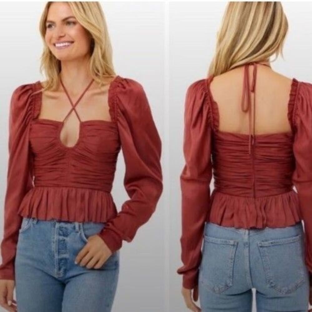 Ulla Johnson Mirelle Blouse Size 10 Desert Rose Ruched Satin Peplum Long Sleeve